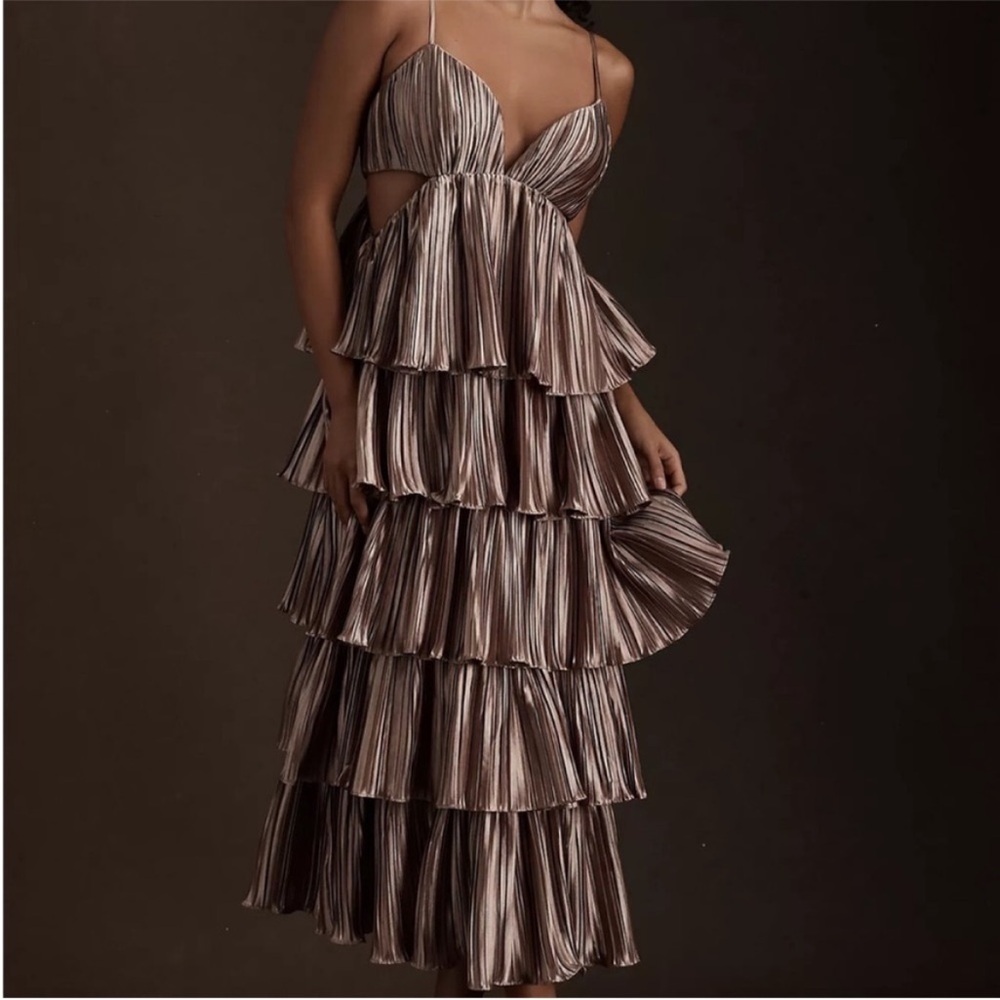 NWT. BHLDN Carly cushnie Brenna tiered pleated midi dress in bronze size 4